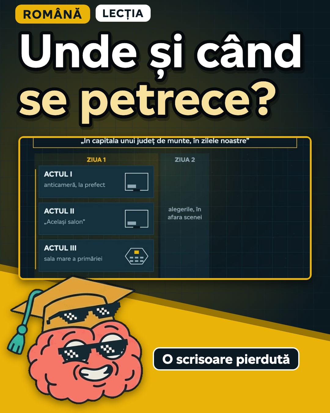 Miniatura clipului: Anticamera prefectului, sala primăriei, grădina lui Trahanache: O scrisoare pierdută are patru acte, trei decoruri și trei zile.