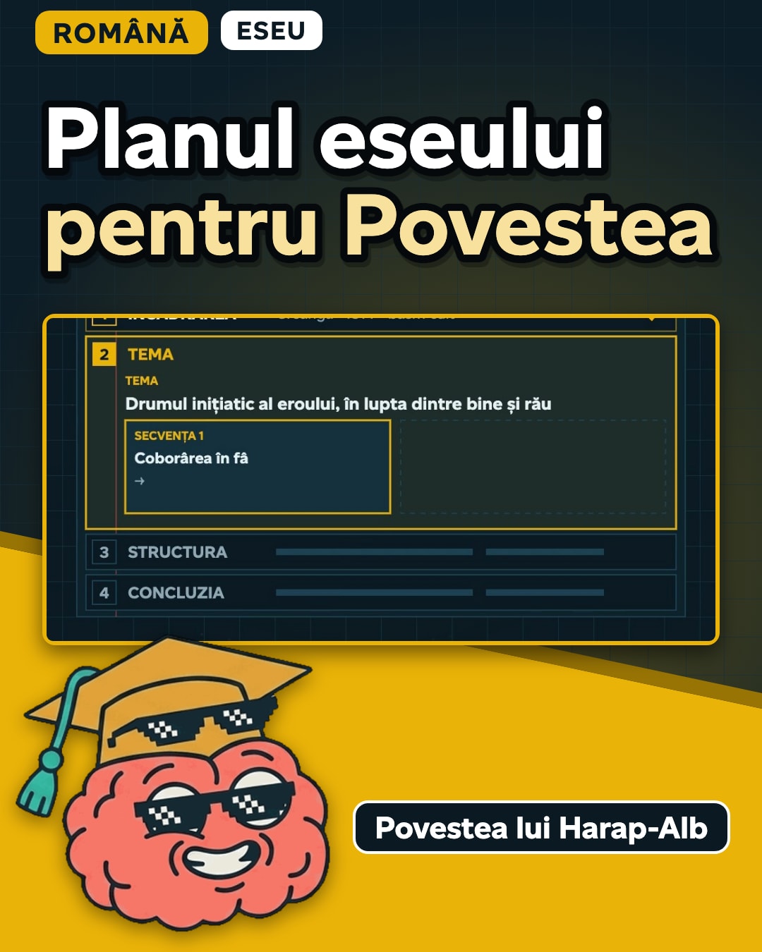 Miniatura clipului: Planul eseului pentru Povestea lui Harap-Alb, în 4 pași: încadrare, temă, structură, concluzie.